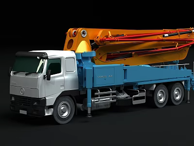 Concrete Pump Truck With Yellow Red Arm Blue Chassis And White Cab Structure 3d model