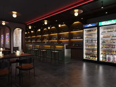 Elegant Bar Interior With Hanging Lights Bar Counter Stools And Beverage Coolers 3d model