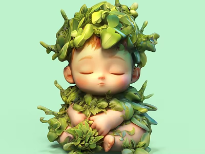 Cute Child Figurine Decorative Ornament Set With Green Leaves And Plants 3d model
