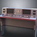 Dark Wooden Display Cabinet Shelf With Dual Screens Multiple Control Buttons And Panels