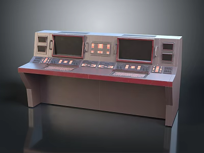 Dark Wooden Display Cabinet Shelf With Dual Screens Multiple Control Buttons And Panels 3d model