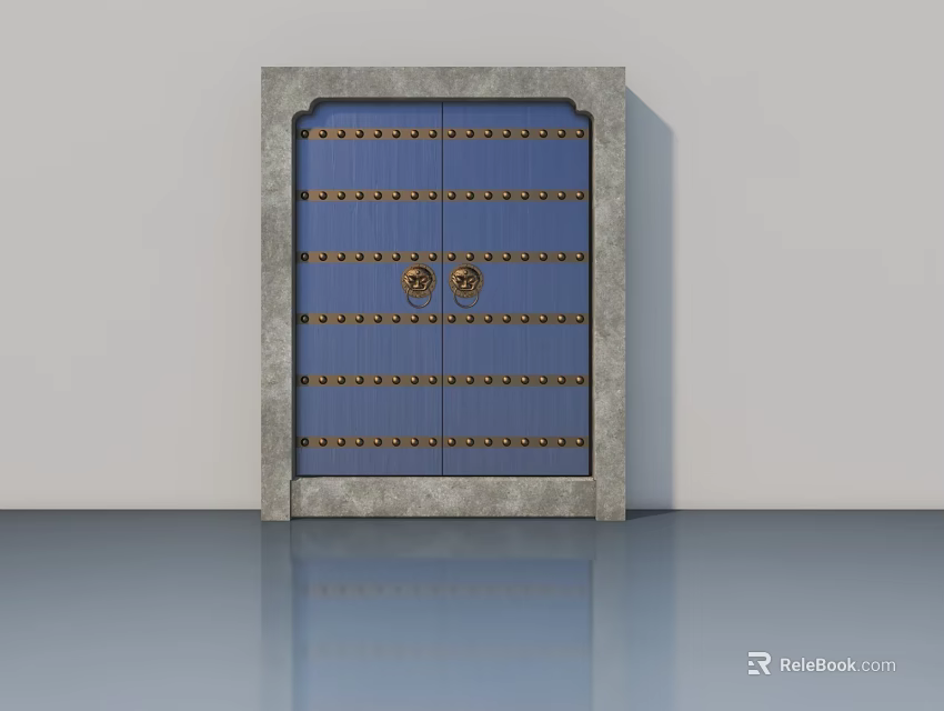Traditional Blue Swing Door With Golden Decorative Nails Round Knockers And Gray Frame 3d model 