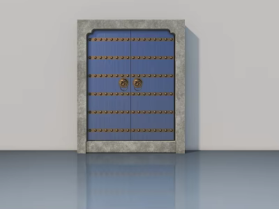 Traditional Blue Swing Door With Golden Decorative Nails Round Knockers And Gray Frame 3d model