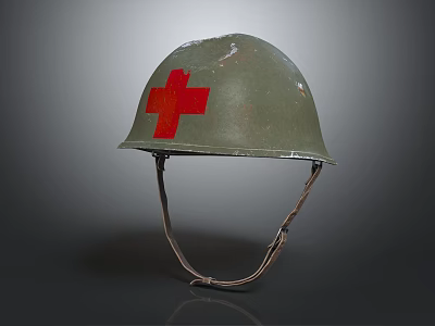 Vintage Green Helmet With Red Cross Symbol And Leather Straps For Medical Use 3d model
