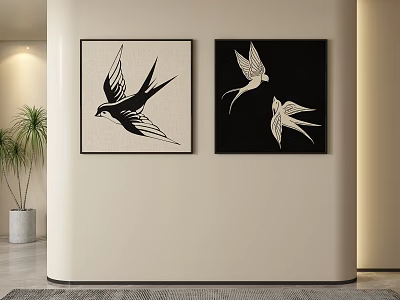 Swallow Themed Wall Art Decor For Modern Interior With Black And White Minimalist Design 3d model