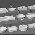 Various Styles of Modern White Ceramic Bathroom Sinks Arranged on Gray Tile Background