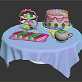 Delicious Strawberry Cake With Tiered Dessert Stand And Pink Teapot On Purple Tablecloth