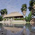 Traditional Entrance Gate With Thatched Roof Surrounded By Palm Trees And Pool Reflection