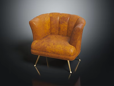 Elegant Brown Leather Single Sofa With Scalloped Back And Gold Metal Legs 3d model