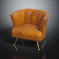 Elegant Brown Leather Single Sofa With Scalloped Back And Gold Metal Legs