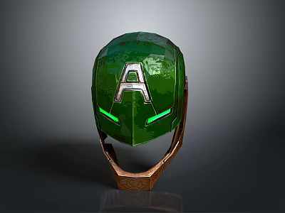 Green Superhero Character Helmet With Silver A Symbol And Glowing Eye Details 3d model