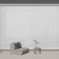 White Vertical Blinds On Large Window In Modern Living Room With Cozy Armchair Side Table