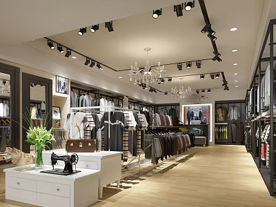 Fashion Clothing Store Interior With Clothing Racks Chandelier Spotlights Sewing Machine Display And Wooden Flooring 3d model