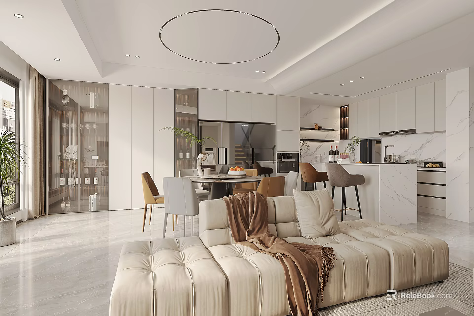 Modern Living Dining Room Interior With Sofa Dining Table Chairs And Ceiling Lights 3d model