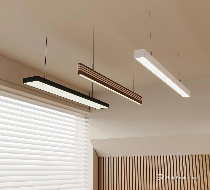 Stylish Linear Pendant Lights in Black White and Wood Design Hanging in Modern Living Room with Window Blinds 3d model 