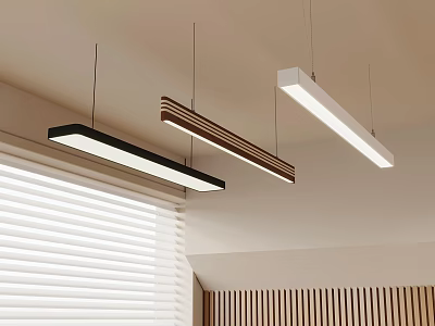 Stylish Linear Pendant Lights in Black White and Wood Design Hanging in Modern Living Room with Window Blinds 3d model
