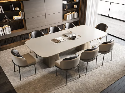 Modern Dining Table Set With Six Light Gray Chairs And White Top In Elegant Room 3d model