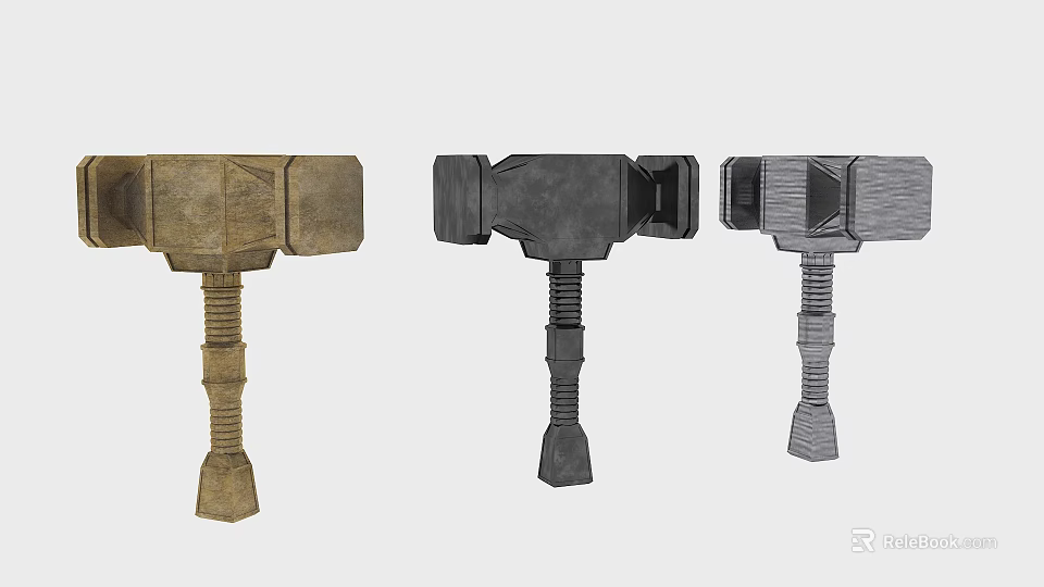 Three Different Hammers With Metallic Design Textured Handles And Various Colors 3d model 