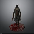 A Man Wearing Animal Mask And Long Coat Holding Weapons On Red Base