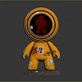 Orange Robot Figure With Round Head Red Display Human Icon Graffiti Body Hexagonal Worn Base
