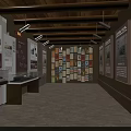 Vintage Exhibition Hall Interior with Black and White Photos Wooden Display Cases and Spotlights