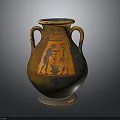 Ancient Terracotta Amphora With Black Figure Decoration And Double Handles
