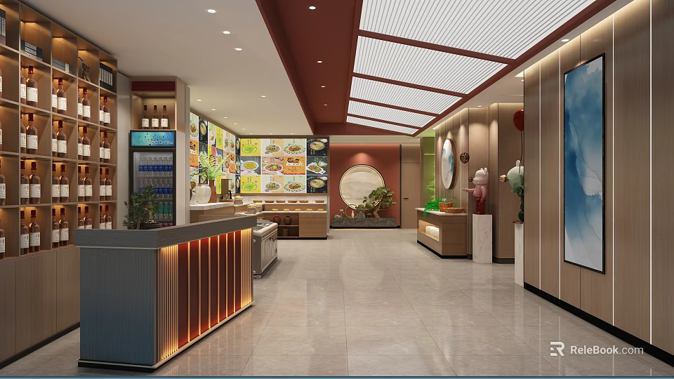 Modern Restaurant Interior With Front Reception Counter Colorful Menu Displays And Elegant Decorations 3d model