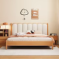 Cozy Bedroom Wooden Beige Upholstered Double Bed With Panda Pillow Orange Blanket Table Lamp And Bookshelf
