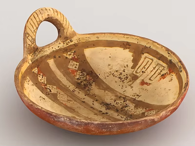 Vintage Ceramic Shallow Bowl Vessel With Handle And Decorative Red Brown Beige Patterns 3d model