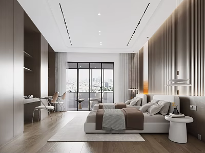 Modern Hotel Room with City View Window Bed Nightstand Desk and Chair 3d model