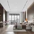 Modern Hotel Room with City View Window Bed Nightstand Desk and Chair