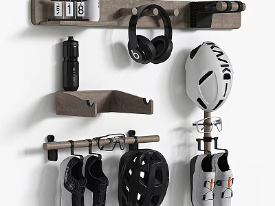Bicycle Gear Organized Wall Storage With Helmet Headphones Shoes And Glasses 3d model