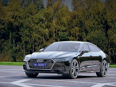 Black Luxury Car With Sleek Design Parked On Asphalt Road Near Forest 3d model
