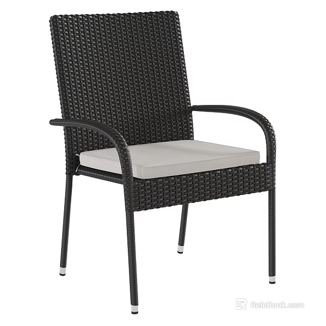 Wicker Single Chair With Black Frame Armrest And Light Gray Cushion 3d model