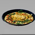 Appetizing Tasty Food in Black Plate with Yellow Main Red Garnish and Fresh Green Leaves