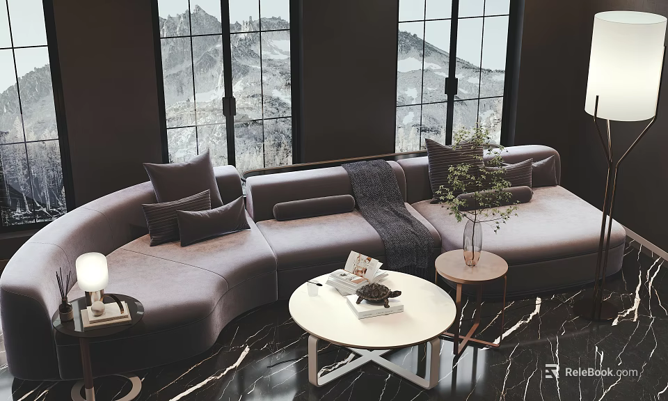 Curved Gray Sofa and White Round Coffee Table Set with Pillows and Mountain View Windows 3d model