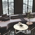 Curved Gray Sofa and White Round Coffee Table Set with Pillows and Mountain View Windows 3d model