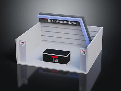 Functional Desk White Display Blue LED Strip SMK Telkom Banjarmasin Black Box Red TS Logos 3d model