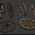 Six Wooden Wheels With Various Styles Different Wear Levels And Designs On Gray Background