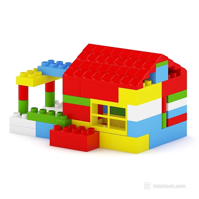 Playful Doll Enjoying Time with Colorful Building Blocks House and Bricks 3d model 