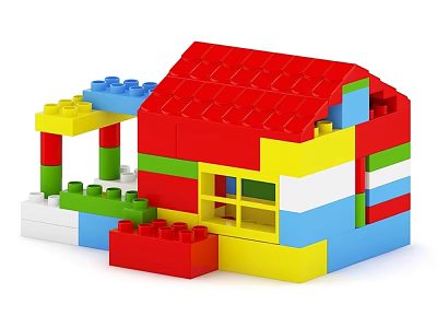 Playful Doll Enjoying Time with Colorful Building Blocks House and Bricks 3d model