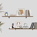 Modern Decorative Ornament Set On Wooden Wall Shelves With Books Frames Figurines And Clock