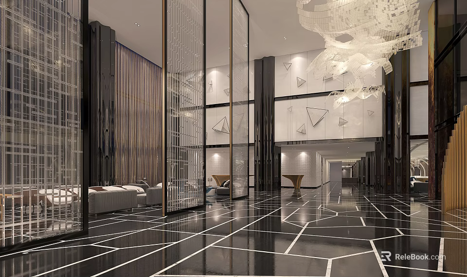 Modern Hotel Lobby Interior With Glass Partitions Chandelier And Geometric Marble Flooring 3d model 