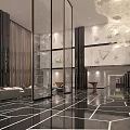 Modern Hotel Lobby Interior With Glass Partitions Chandelier And Geometric Marble Flooring