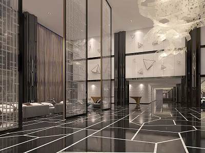 Modern Hotel Lobby Interior With Glass Partitions Chandelier And Geometric Marble Flooring 3d model