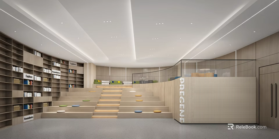 Modern Conference Room Interior With Bookshelves Stepped Seating And Glass Railing 3d model 