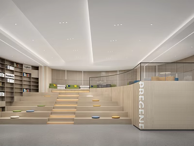 Modern Conference Room Interior With Bookshelves Stepped Seating And Glass Railing 3d model