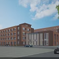Modern Office Building With Brown Exterior Large Glass Windows Parking Cars Trees And Blue Sky