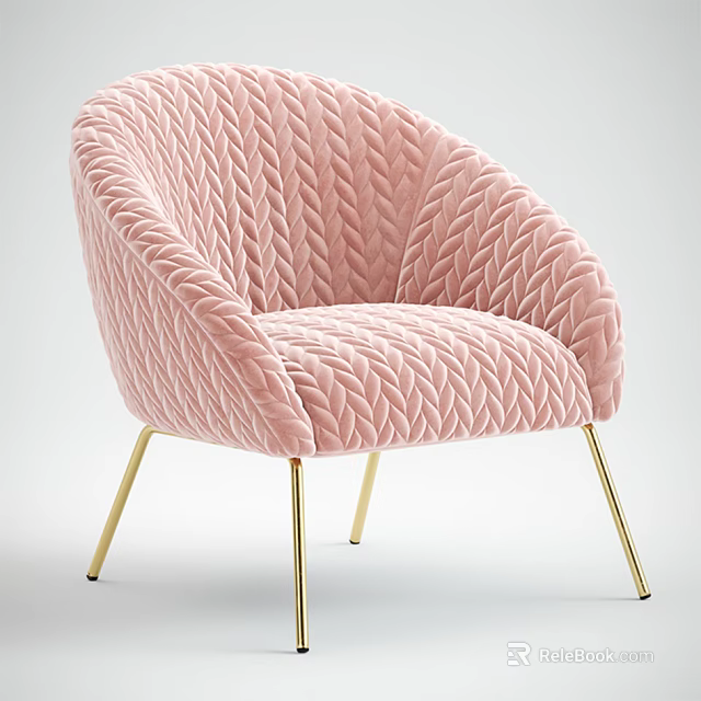 Modern Pink Accent Chair with Braided Velvet Upholstery and Gold Metal Legs 3d model 
