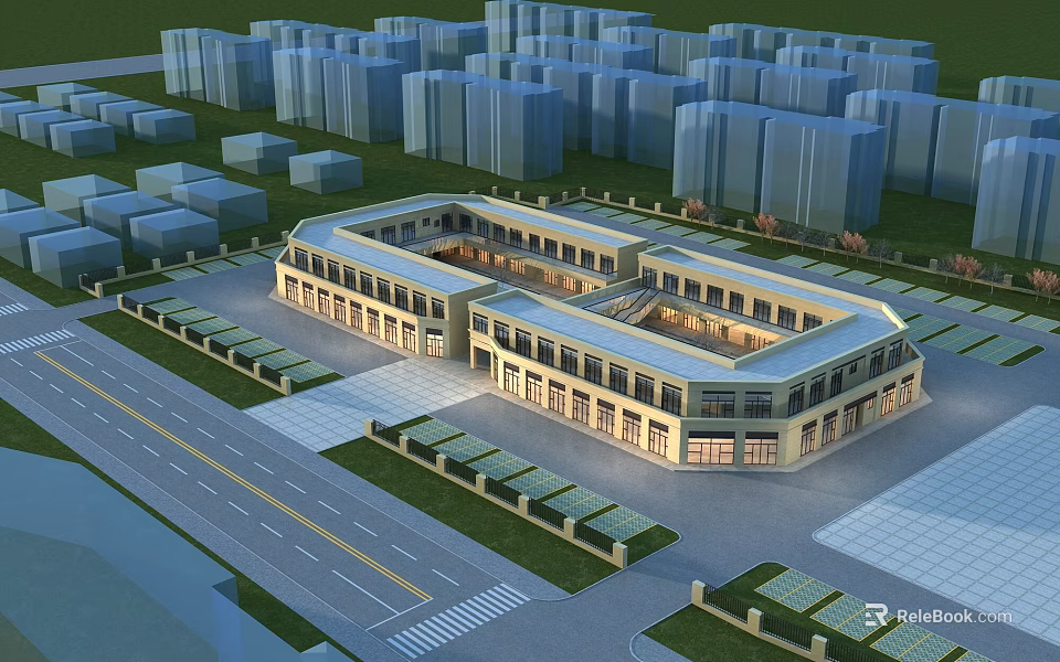 Modern Commercial Complex Architecture With Open Layout Glass Facade And Surrounding Greenery 3d model 